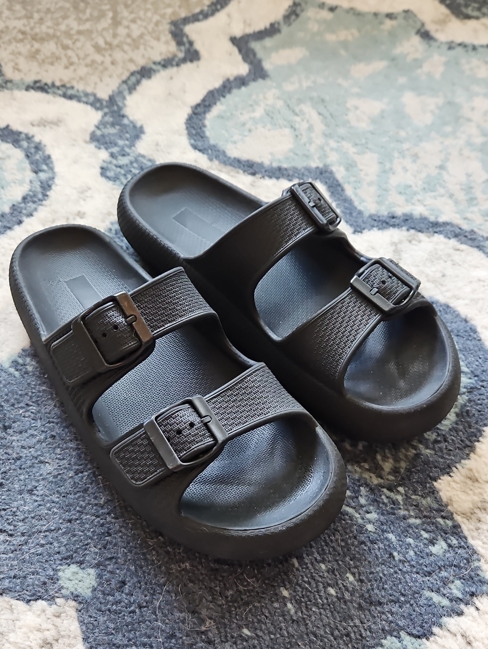 Black Double-Buckle Slide Sandals